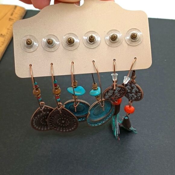BRONZE tassel leaf turquoise boho earring bundle - Picture 4 of 4